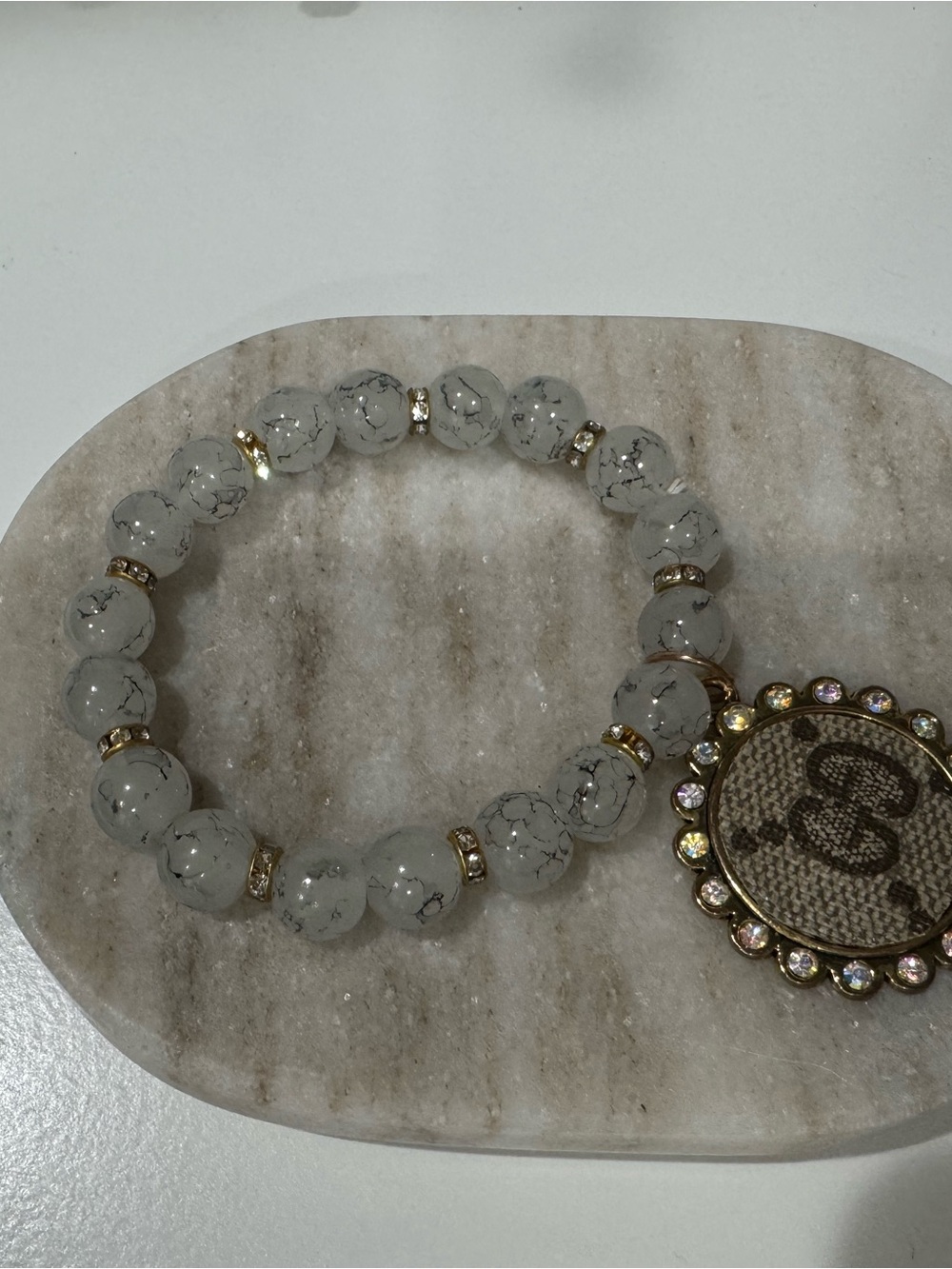 Beaded White Marble Stretch Bracelet with Gold Accents